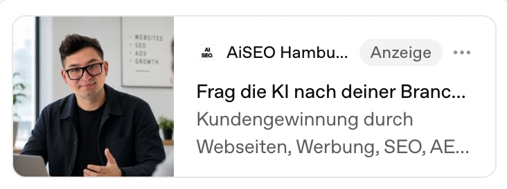 Anzeige von aiseo.hamburg in ChatGPT mit der Überschrift Frag die KI nach deiner Branche und dem Hinweis Anzeige